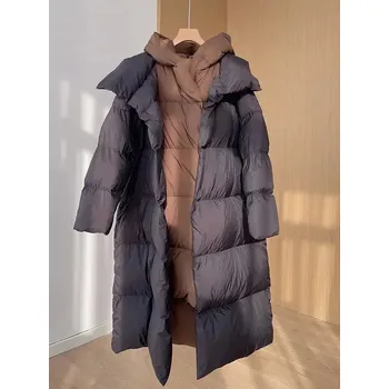 Dámská parka Zimní dámská bunda – dlouhá, dvoudílný vzhled, kapuce Barva: Černá, Velikost: M