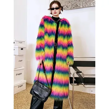 Dámský kabát Dámský dlouhý kabát z umělé kožešiny s výrazným vzorem Barva: Barevná, Velikost: XL