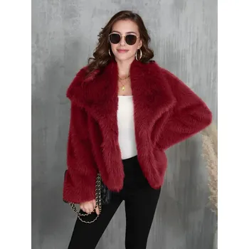 Dámský kabát Oversize kabát z umělé kožešiny s límcem Barva: Vínová, Velikost: M