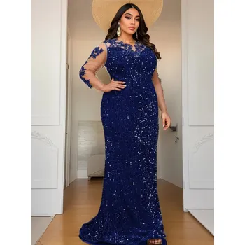 Dámské šaty Flitrové večerní šaty – dlouhý rukáv, průsvitný detail Barva: Modrá, Velikost: XL