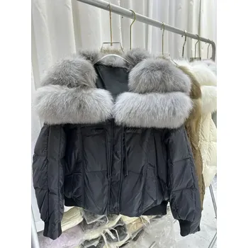 Dámská parka Zimní bunda s límcem z lišky – silné zateplení, krátký střih Velikost: L, Barva (Varianta): Šedá