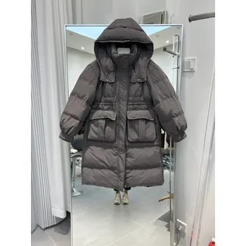 Dámská parka dlouhá péřová bunda – s velkými kapsami a kapucí Barva: Šedá, Velikost: M