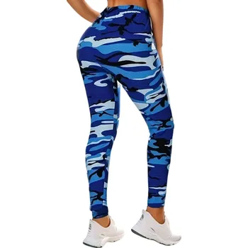 Dámské maskáčové elastické legíny Slim fit Kalhoty na cvičení Těsné přiléhavé sportovní legíny s vysokým pasem a maskáčovým vzorem modrá XS
