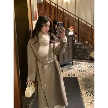 Dámský kabát Best Fashion Dámský kašmírový kabát s pravou liškou – dlouhý, luxusní Kávová S