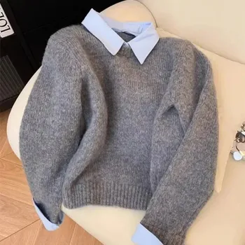 Dámský svetr Dvoudílný pletený svetr s límečkem Barva: Šedá, Velikost: XL