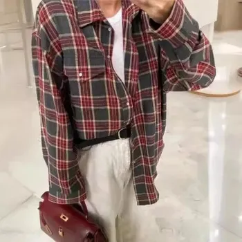 Dámská košile Volná košile v kostkovaném vzoru s knoflíky Velikost: L, Barva (Varianta): Červená