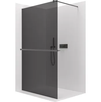 CERANO - Sprchová zástěna Walk-in Onyx Round L/P - 10 mm + polička/držák na ručníky - kulatá vzpěra - černá matná, grafitové sklo - 130x200 cm