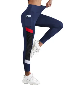 Dámské legíny Síťované legíny na jógu s vysokým pasem Tvarující bříško Boční kapsy Sportovní elastické legíny s průhlednými panely na bocích modrá M