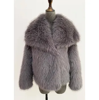 Dámský kabát Krátký kabátek z umělé kožešiny s velkým límcem Velikost: XL, Barva (Varianta): Tmavě šedá