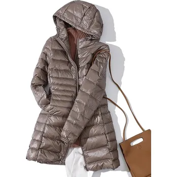Dámská parka Zimní dámská péřová bunda – ultralehká, kapuce, do -10°C Velikost: S, Barva (Varianta): Gray khaki