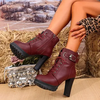 Dámské kozačky Dámské kotníkové boty na vysokém podpatku s přezkou Barva: Vínová, Velikost: 37