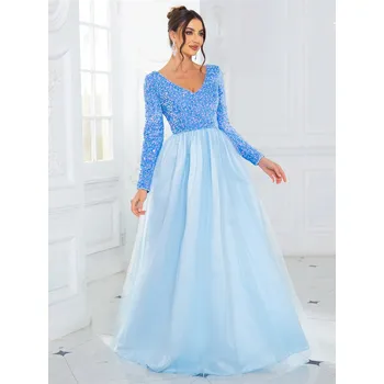 Dámské šaty Šaty do A-linie s dlouhým rukávem, tyl a flitry, plesový střih Barva: Modrá, Velikost: XL