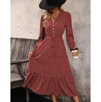 Dámské šaty Letní retro šaty – tenké, dlouhé, s rukávy, plážový vintage styl Barva: Bordová, Velikost: XL