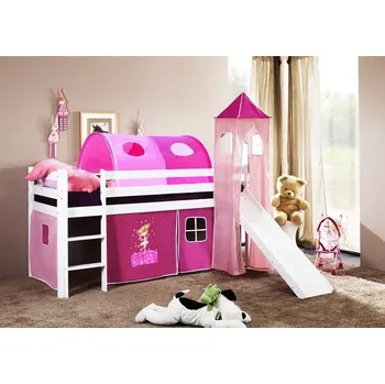 Dětská postel Dětská VYVÝŠENÁ postel se skluzavkou DOMEČEK růžový - BÍLÁ