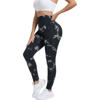 Dámské legíny Dámské sportovní bezešvé legíny s vysokým pasem Batikovaný vzor Elastické dlouhé legíny na cvičení Úzký střih Fitness oblečení černá M