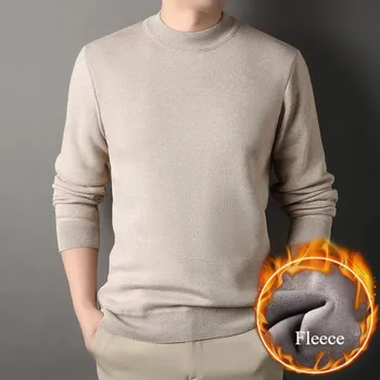 Pánský svetr Pánský pletený svetr s fleecem a dlouhým rukávem na zimu Barva: Béžová, Velikost: 4XL