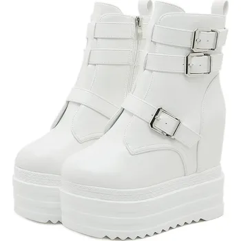 Dámské kozačky boty na platformě s přezkami a zipem Barva: Bílá, Velikost: 37
