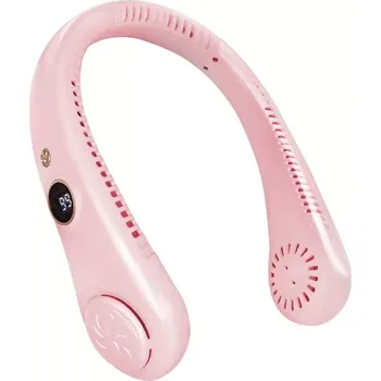 Domácí ventilátor XINGHUA Přenosný dobíjecí ventilátor na krk s 5 rychlostmi a LED displejem - růžový