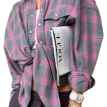 Dámská košile Volná košile v kostkovaném vzoru s knoflíky Velikost: 2XL, Barva (Varianta): Fialová