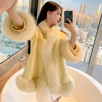 Dámský kabát kabát s límcem z liščí kožešiny – vlněný s dlouhým rukávem Barva: Žlutá, Velikost: S