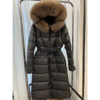 Dámská bunda Dámská péřová parka – límec z lišky, opasek, elegantní styl Barva: Černá, Velikost: XL