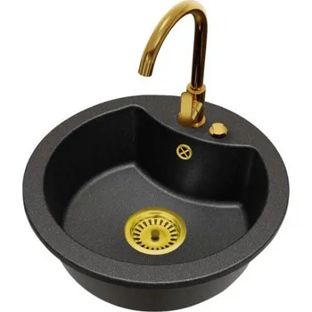 Granitový dřez Granitový dřez MILA černý s texturou Žuly+ baterie DECO zlatá + zlatý sifon 49x49x17cm