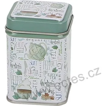 Dóza na potraviny FRESH TEA bílozelená plechová dóza na čaj 7422 čajové nádobí, lístky čaje a nápisy