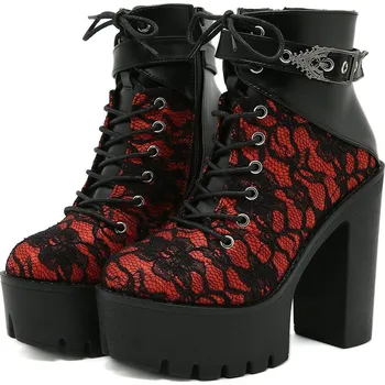 Dámské kozačky krajkové kotníkové boty na podpatku s platformou Barva: Černá, Velikost: 38