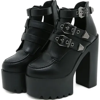 Dámské kozačky kotníkové boty na podpatku s přezkami a zadním zipem Barva: Černá, Velikost: 41