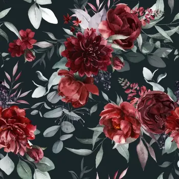 Venezia, Rudé květy, eukalyptové listy na tmavé (E)** (Polyesterový úplet Venezia)