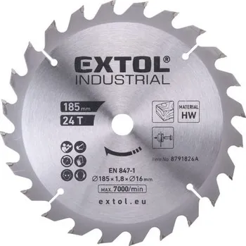 Pilový kotouč EXTOL INDUSTRIAL TLUSTŠÍ kotouč pilový s SK plátky, 185x2,1x16mm, 24T, 8791826A-R