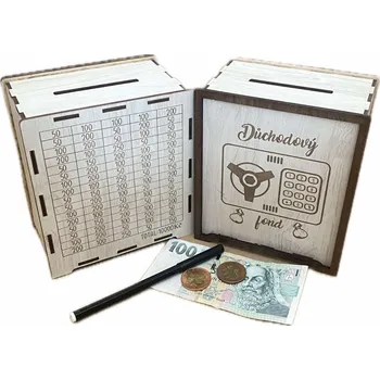 Žertovný předmět Mdeco Dřevěná pokladnička škrtací + fixa - Důchodový fond