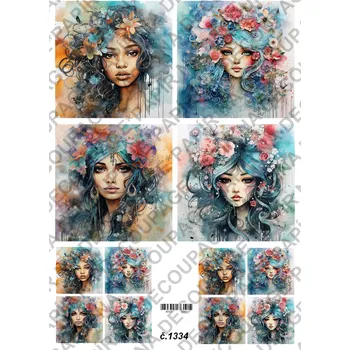 Umělecký papír Rýžový a soft papír na decoupage - Žena s květy - KB01334 Materiál: Soft, Rozměr: A4