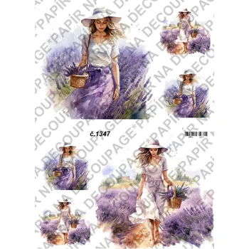 Umělecký papír Rýžový a soft papír na decoupage - Žena v levanduli - KB01347 Materiál: Soft, Rozměr: A4