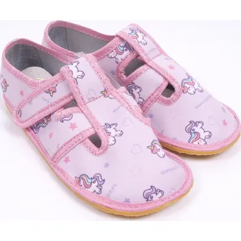 Dívčí bačkory RAWEKS Přezůvky papuče BAREFOOT Zuzia ZA02 fialkové s růžovou jednorožci velikost: 32