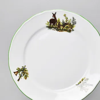 Český porcelán, Dubí Talíř mělký 26 cm Rokoko myslivecký dekor se zelenou linkou