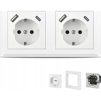 Elektrická zásuvka DVOJITÁ ZÁSUVKA SKLENĚNÁ BÍLÁ S UZEMNĚNÍM A USB NABÍJEČKOU TYP A+C 2.1A