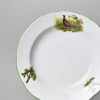 Stolování Český porcelán, Dubí Talíř hluboký 24 cm Rokoko myslivecký dekor se zelenou linkou II.jakost