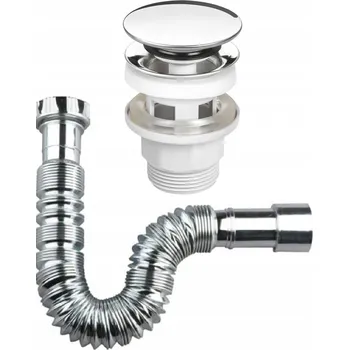 Sifon Zátka Click-Clack chromovaná stříbrná + Sifon k umyvadlu flexibilní roztažitelný
