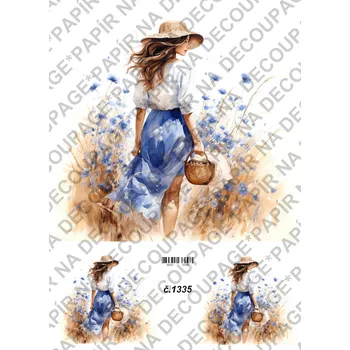 Umělecký papír Rýžový a soft papír na decoupage - Žena v chrpách - KB01335 Materiál: Soft, Rozměr: A4