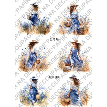 Umělecký papír Rýžový a soft papír na decoupage - Žena v chrpách - KB01350 Materiál: Soft, Rozměr: A4