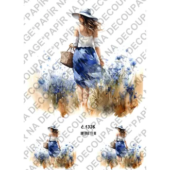 Umělecký papír Rýžový a soft papír na decoupage - Žena v chrpách - KB01336 Materiál: Rýžový papír, Rozměr: A4