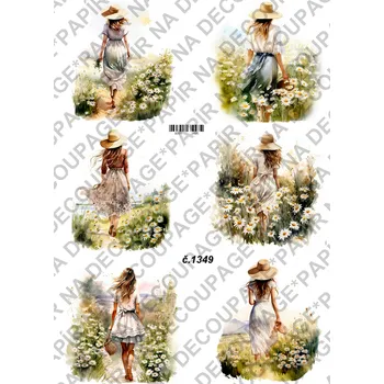 Umělecký papír Rýžový a soft papír na decoupage - Žena v kopretinách - KB01349 Materiál: Rýžový papír, Rozměr: A4