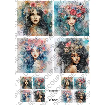 Umělecký papír Rýžový a soft papír na decoupage - Žena s květy - KB01331 Materiál: Soft, Rozměr: A4
