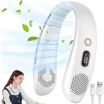 Domácí ventilátor MINI VĚTRÁK VENTILÁTOR NA KRK USB-C PŘENOSNÝ 3 REŽIMY LCD BÍLÝ