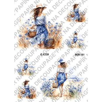 Umělecký papír Rýžový a soft papír na decoupage - Žena v chrpách - KB01339 Materiál: Soft, Rozměr: A4