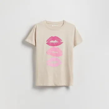 Dámské tričko Reserved - Bavlněné tričko s potiskem - béžová - WU154-08X - WU154-08X-L