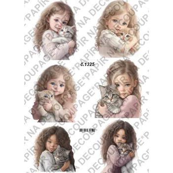 Umělecký papír Rýžový a soft papír na decoupage - Holčička s kočičkou - KB01325 Materiál: Soft, Rozměr: A4