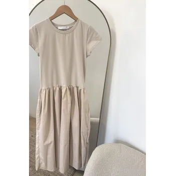 Dámské šaty Dámské bavlněné šaty POPLIN krátký rukáv béžové - SAPOKRBEL