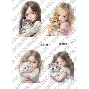 Umělecký papír Rýžový a soft papír na decoupage - Holčička s kočičkou - KB01328 Materiál: Soft, Rozměr: A4